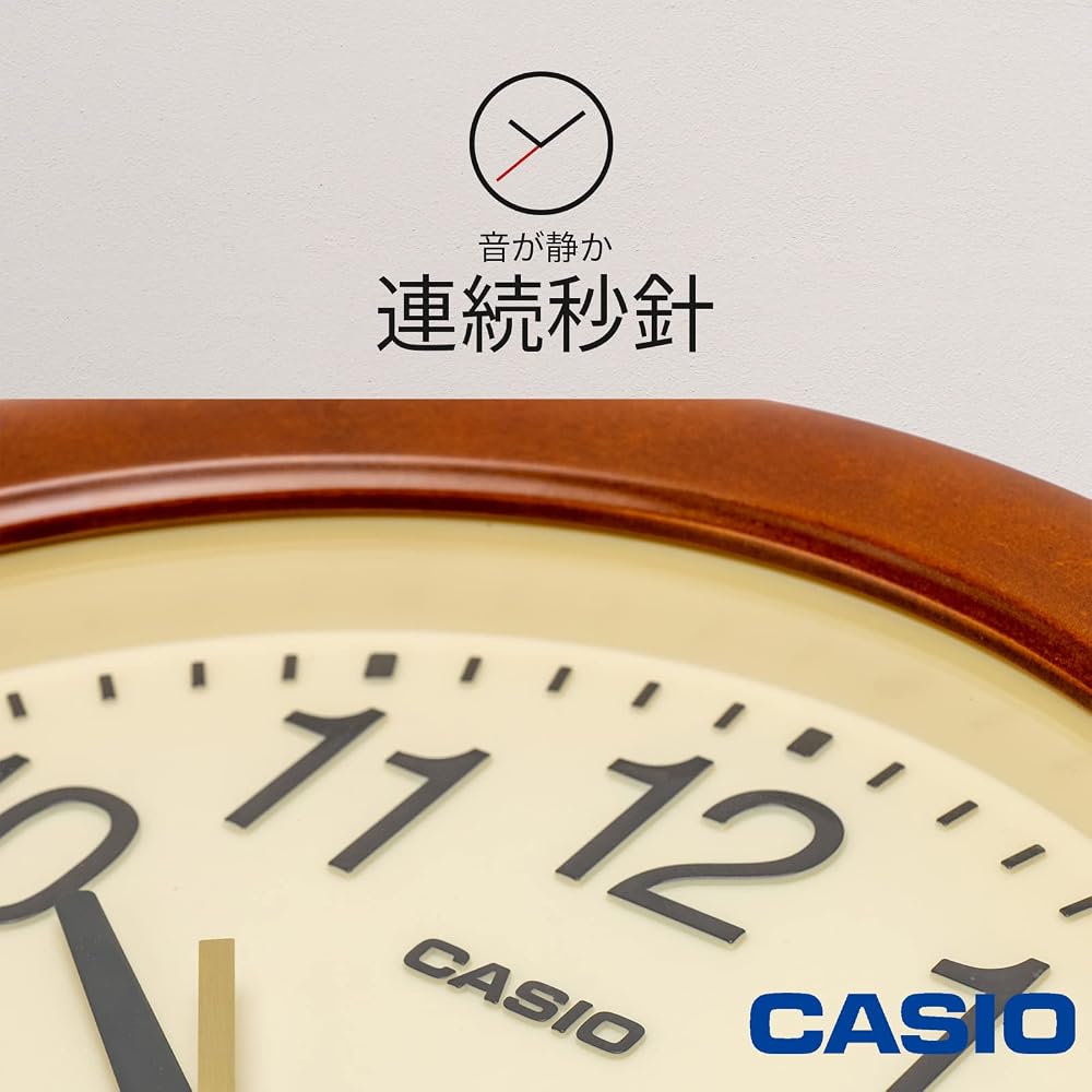 CASIO Wall Clock, Brown, Analog, Wooden Frame, Wood Grain Finish, Silent, Continuous Second Hand, IQ-136-5JF