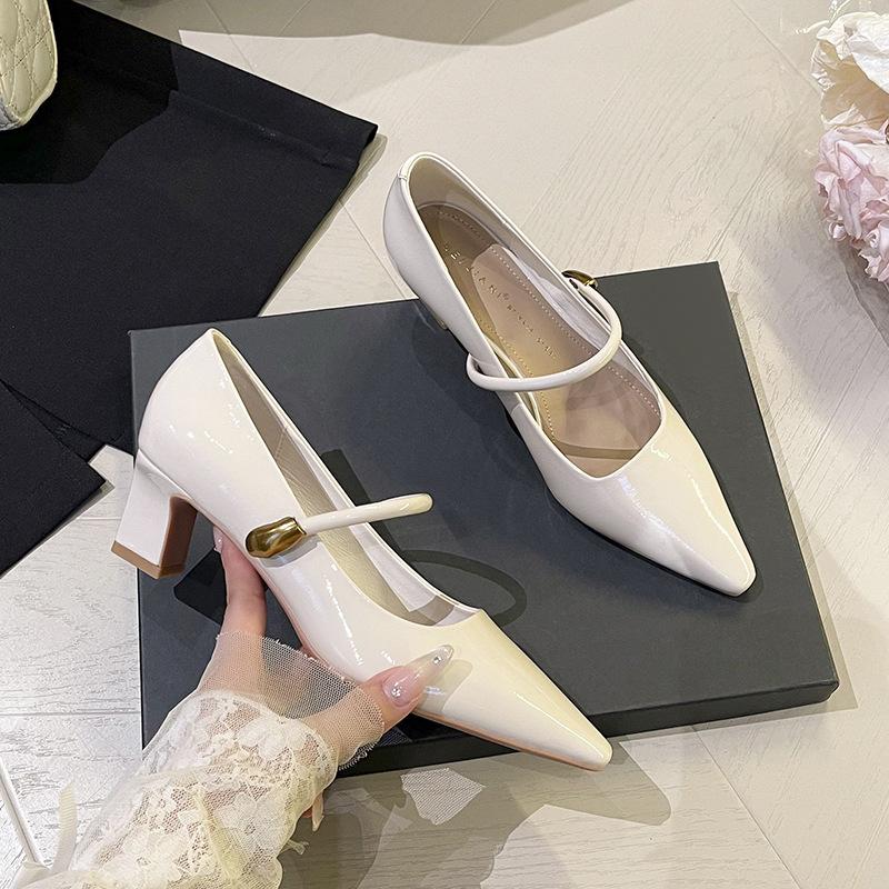 Retro patent leather square head temperament word with high heels women's thick heel single shoes medium heel not tired feet