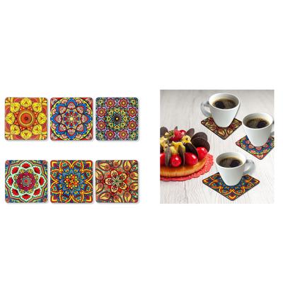Set of 6 Mandala 4 Inch Coasters with Holder Unique Handmade Designs Square with Holder  10x10 Cm