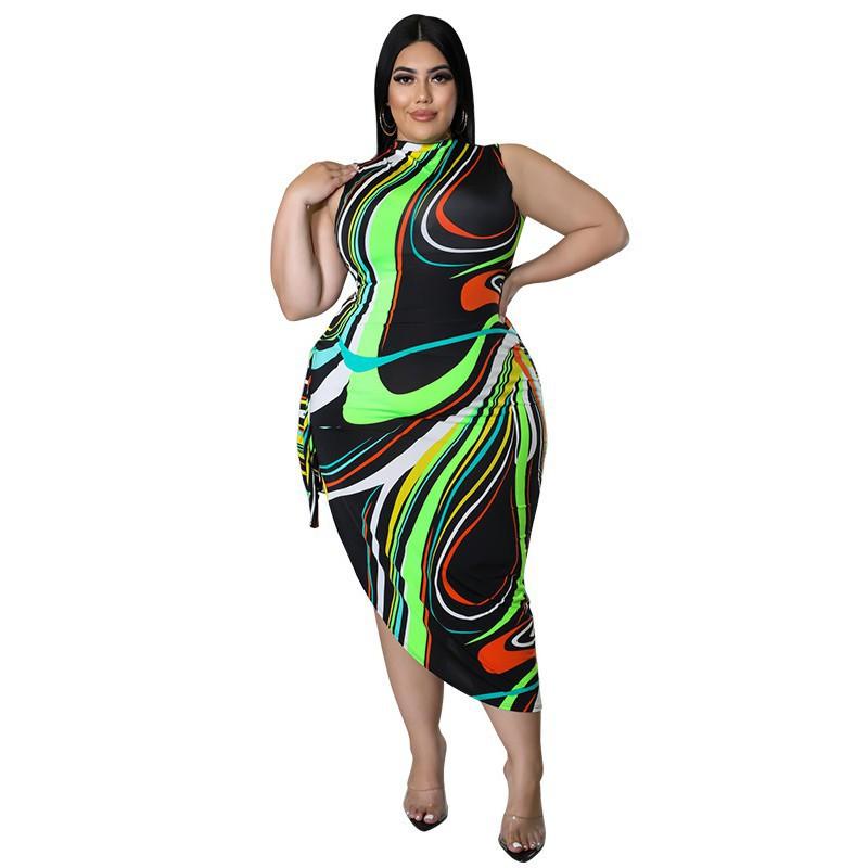 MY898 Plus Size Womens Knit Midi Dress 2025 Floral Print Sleeveless Wrap Front Bodycon Curvy Figures 1XL чёрный