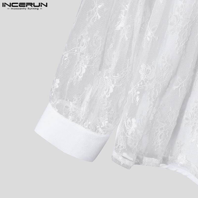 INCERUN Pánská trička s dlouhým rukávem a volánkem, krajkovým potiskem, ležérní patchworkové topy