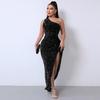 Damen Pailletten One-Shoulder Ärmelloses Schlitz Knöchellanges Bodycon Kleid