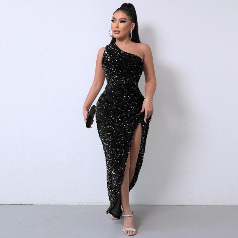 Damen Pailletten One-Shoulder Ärmelloses Schlitz Knöchellanges Bodycon Kleid