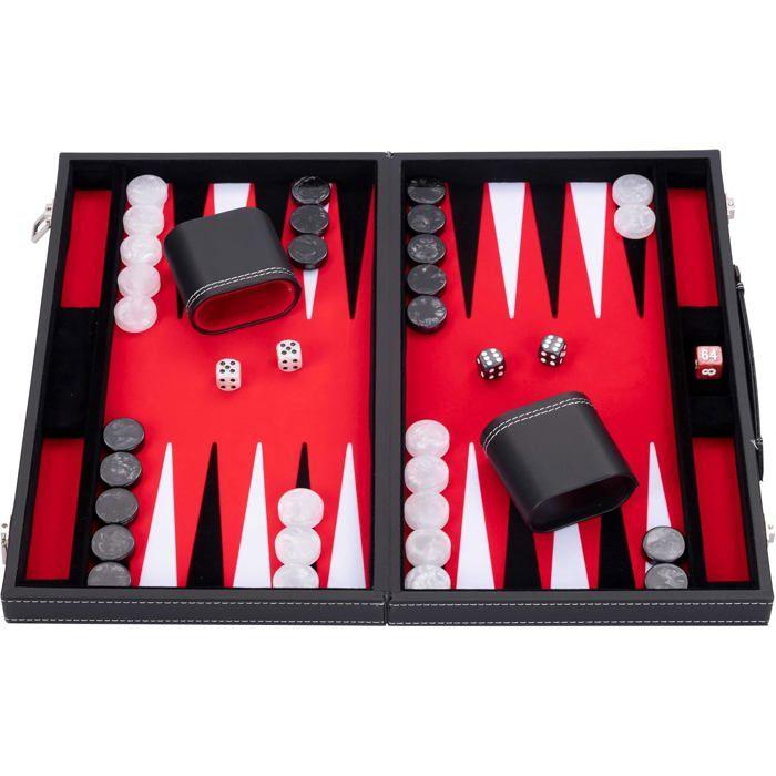 Backgammon de Luxe 18" 45,5 cm- Haute qualité -Simili Cuir, Feutre spécial incrusté, jetons et dés nacrés (Rouge/Noir/Blanc)