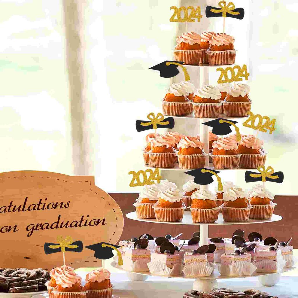 12 Pcs Top Hat Dessert Graduation Season Cake Insert Cakes Wood Paper Cupcake Picks Decor