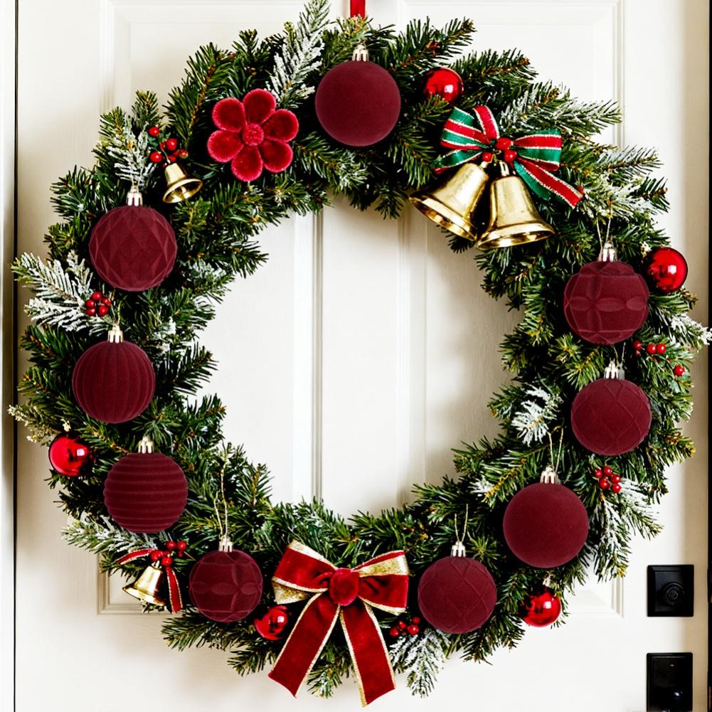 12pcs Velvet Flocked Christmas Ornaments Festive Hanging Balls For Xmas Tree, Table, Window Door Hanging Flower Wreath Decor