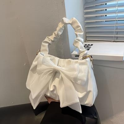 White Pleated Bow Handbag, a Simple Yet Elegant Shoulder Bag, Perfect for Commuting, Everyday Wear, and Parties – a Versatile Style.