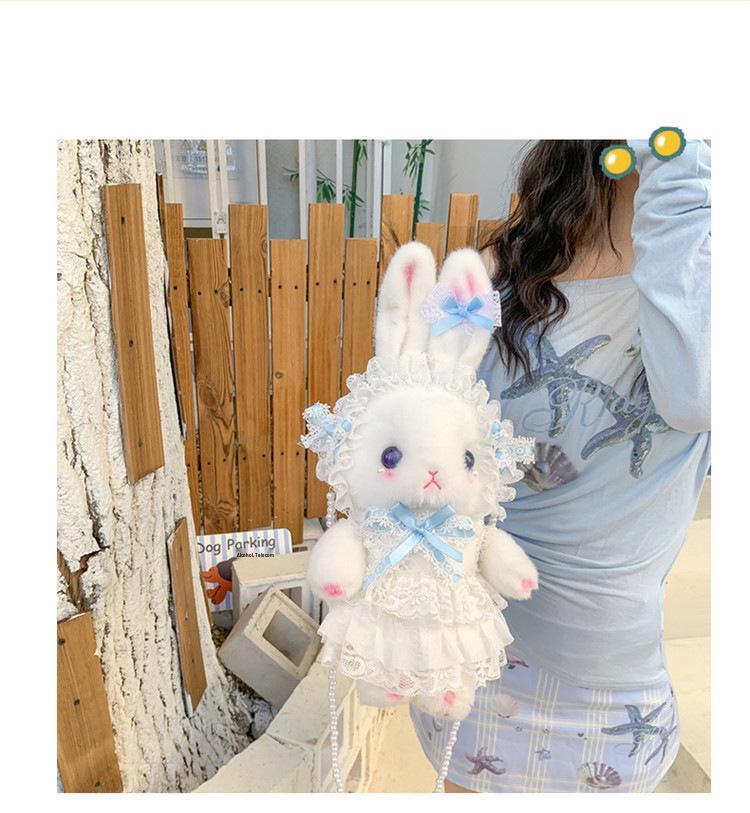 Lolita Plüsch Hasen Tasche mit Schleife, Perlenkette und Herz Design - Süße Girly Umhängetasche