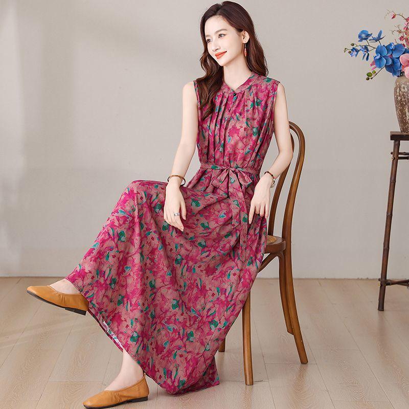 Elegant Floral Print Plus Size Dress for Middle Aged Women Summer Cotton Long Dress