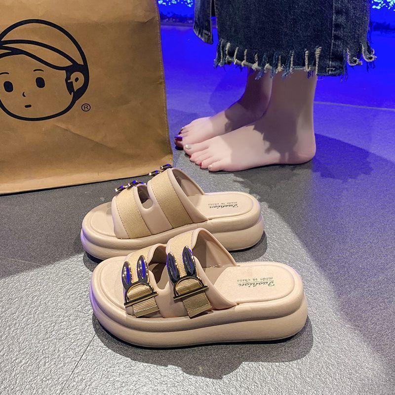 Casual Versatile One-word Beach Cool Slippers Women's 2025 Summer New Thick-soled Heightening Slippers Summer Fashion