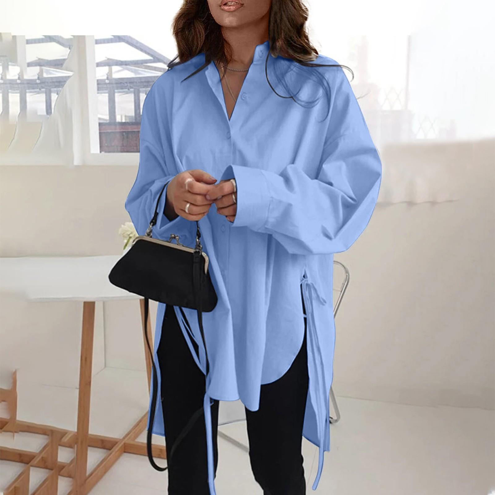 

Модная повседневная однотонная рубашка с длинными рукавами и лацканами свободного типа для женщин M синий