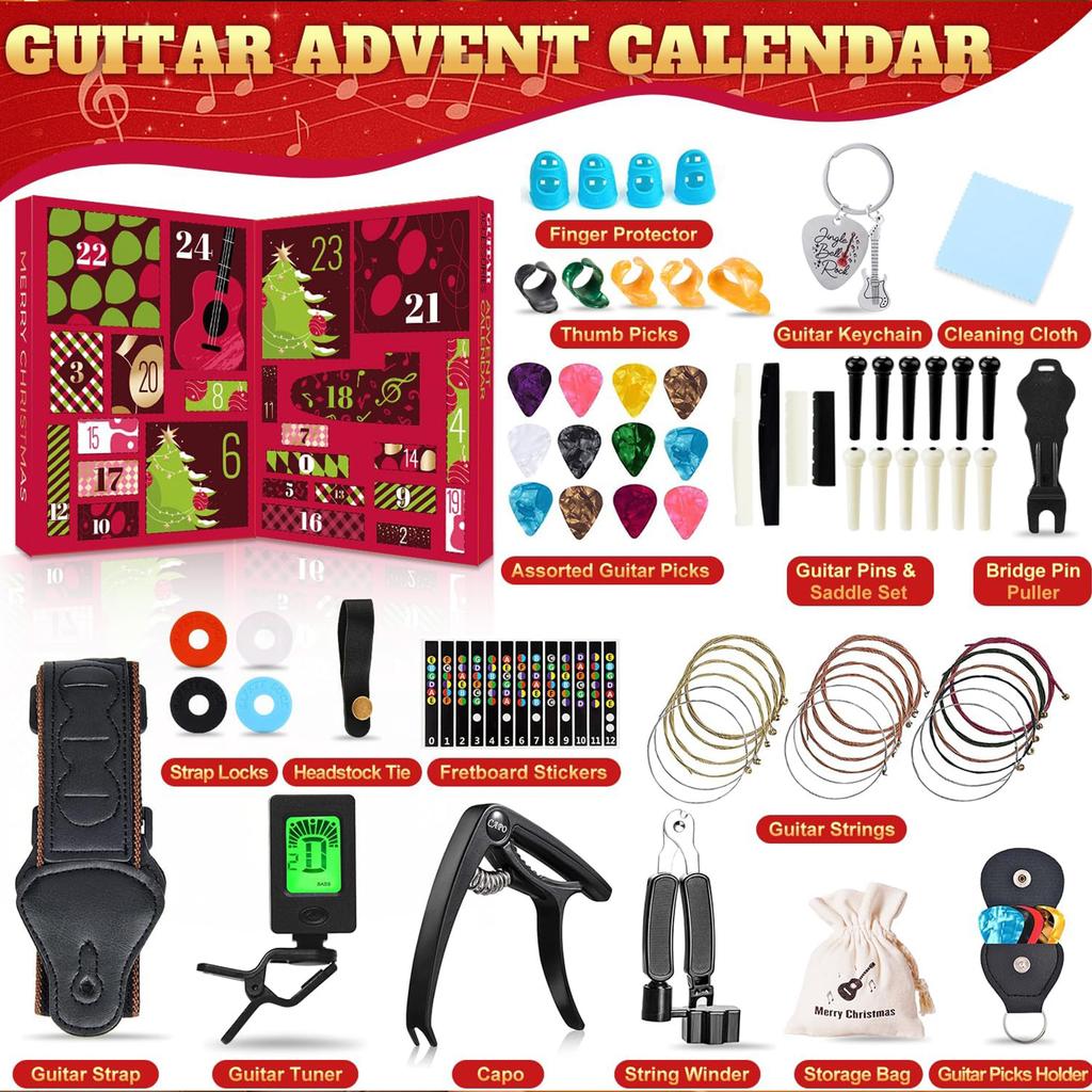 2025 Ny Gitarr Adventskalender 24 Delar Jul Nedräkningskalender med Gitarrplektrum Kapodaster, Stämapparat, Strängar & Tillbehör Julklappar