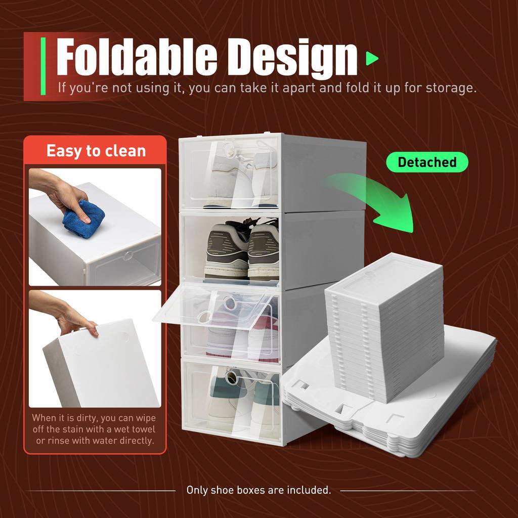 20-Pack Plastic Shoe Boxes Stackable, Clear Foldable Shoe Storage Bins with Lids for Closet Organization, White