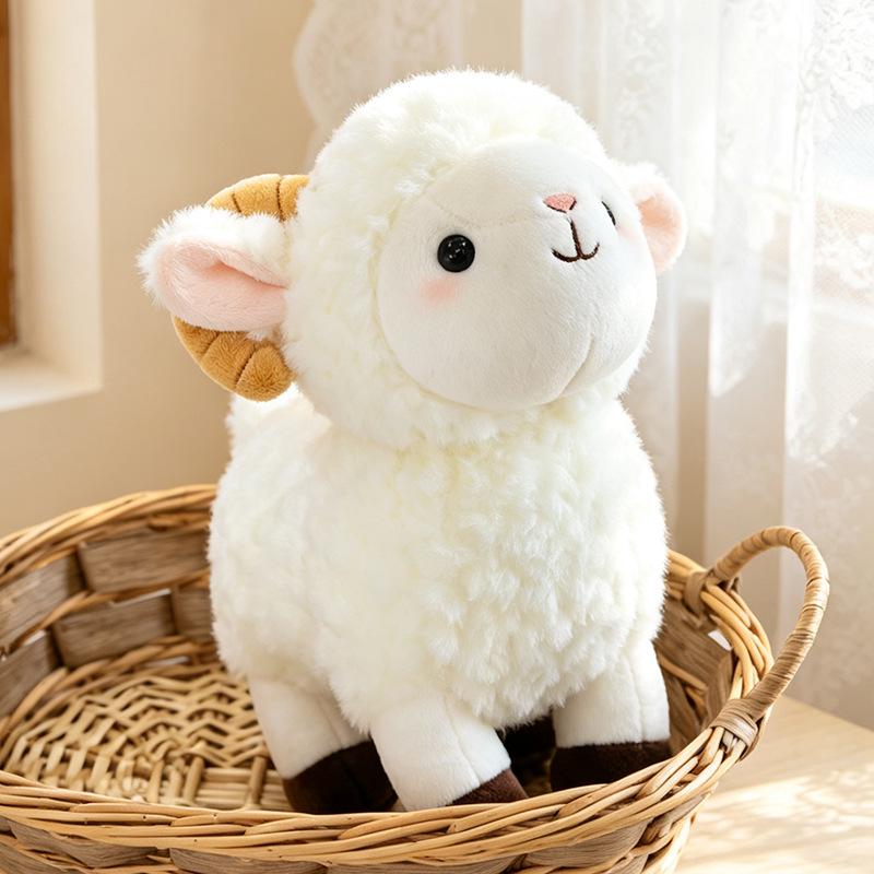 New Year Goat Wool Plush Toy - Cute Big-Horn Sheep Doll for Kids' Birthdays