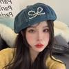 Washed denim beret sweet cool pearl bow bud hat female cute versatile face little painter hat