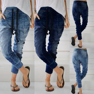 Women Summer Elastic Plus Loose Denim Casual Drawstring Plus Cropped Jeans