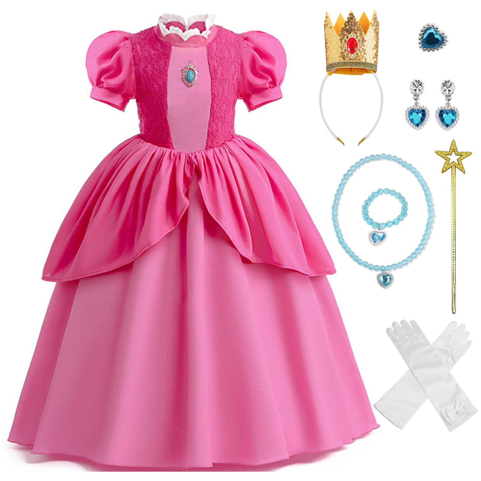 [Formemory] Princess Peach Dress, Princess Costume, Cosplay Dress, Princess Outfit, Fancy Dress, Recital Dress, Crown, Gloves, Magic Wand,