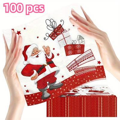 100 Pcs Festive Christmas Napkins Set - Santa Claus Design, Holiday Paper Napkins for Cocktail, Dinner, Party - Disposable, Fun for Xmas Celebrations