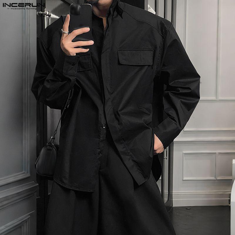 INCERUN S-5XL Men Casual Stand Neck Long Sleeve Loose Cargo Shirts Tops