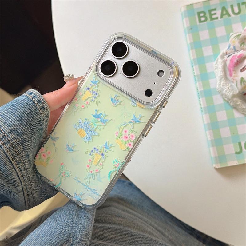 

French Retro Floral Bird Chain iPhone Case for 17/16 Pro Max/15/14 - Elegant Design iPhone 16 Pro Max