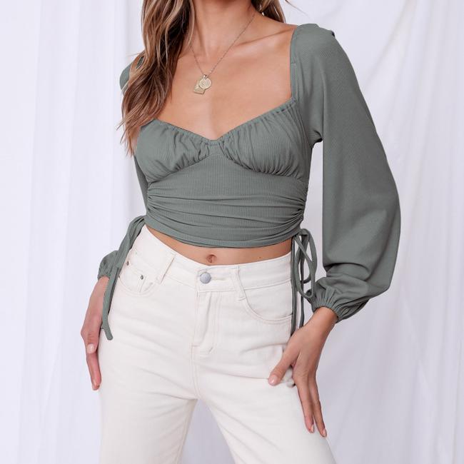 Otoño Moda europea y americana Ropa de mujer Color sólido Sexy Cuello  cuadrado Abierto Espalda cordón Top Lantern Sleeve Rib Camiseta comprar a  buen precio — entrega gratuita, reseñas reales con fotos —