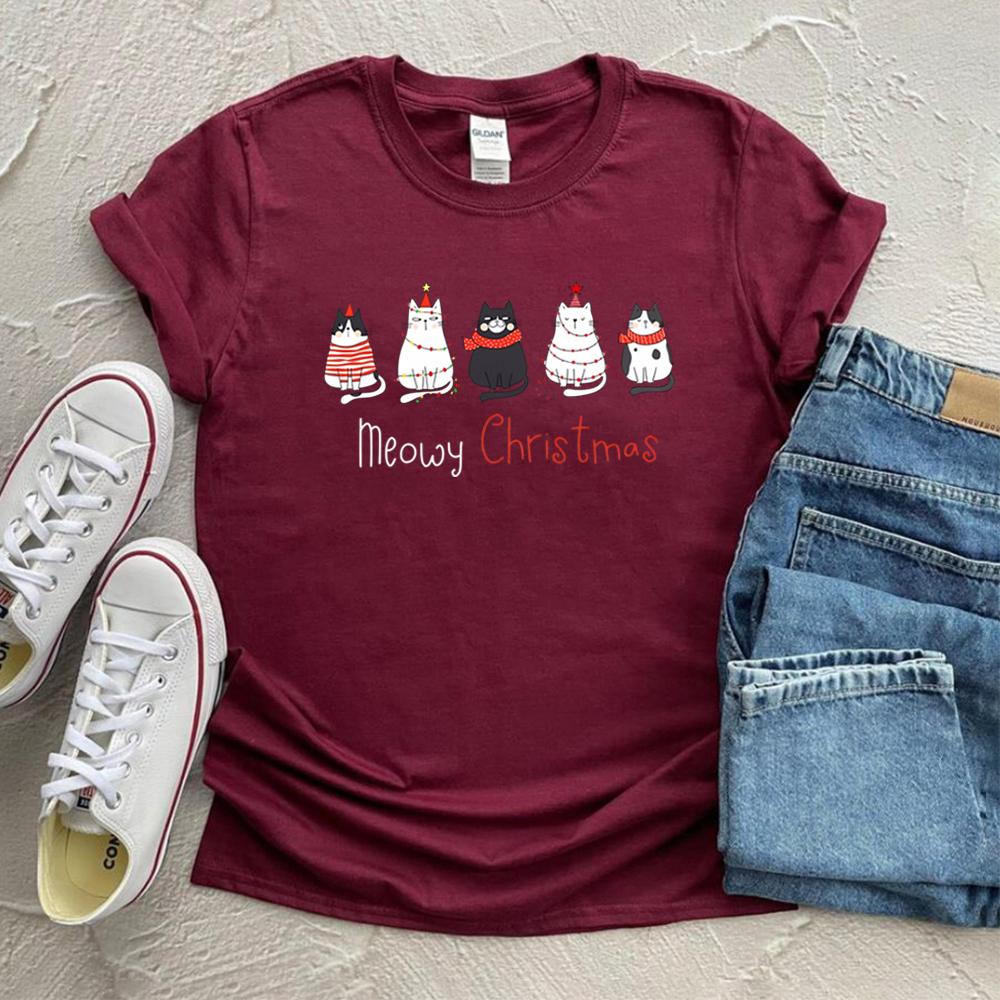 Meowy Christmas Shirt Christmas Cat TShirt Merry Christmas Cat Lover Tees Cute Cat Graphic Tee Christmas Gift for Cat Mom Tops