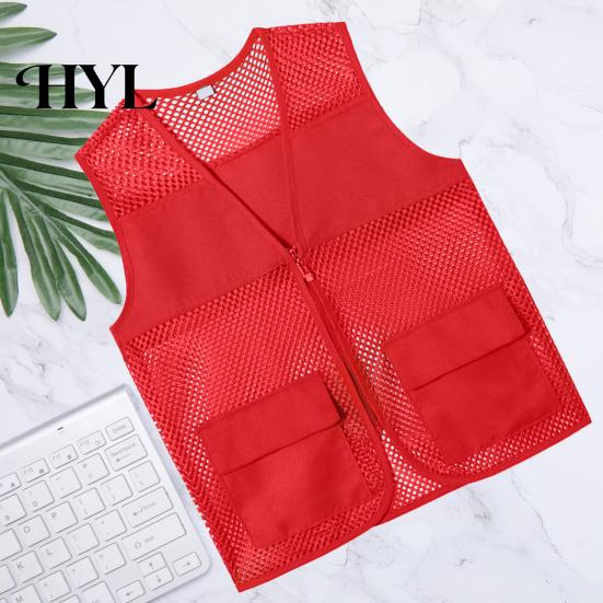 Vest Coat Hollow Out Zipper Placket Double Pockets V-neck Work Volunteer Bright Color Loose Fit Unisex Waistcoat