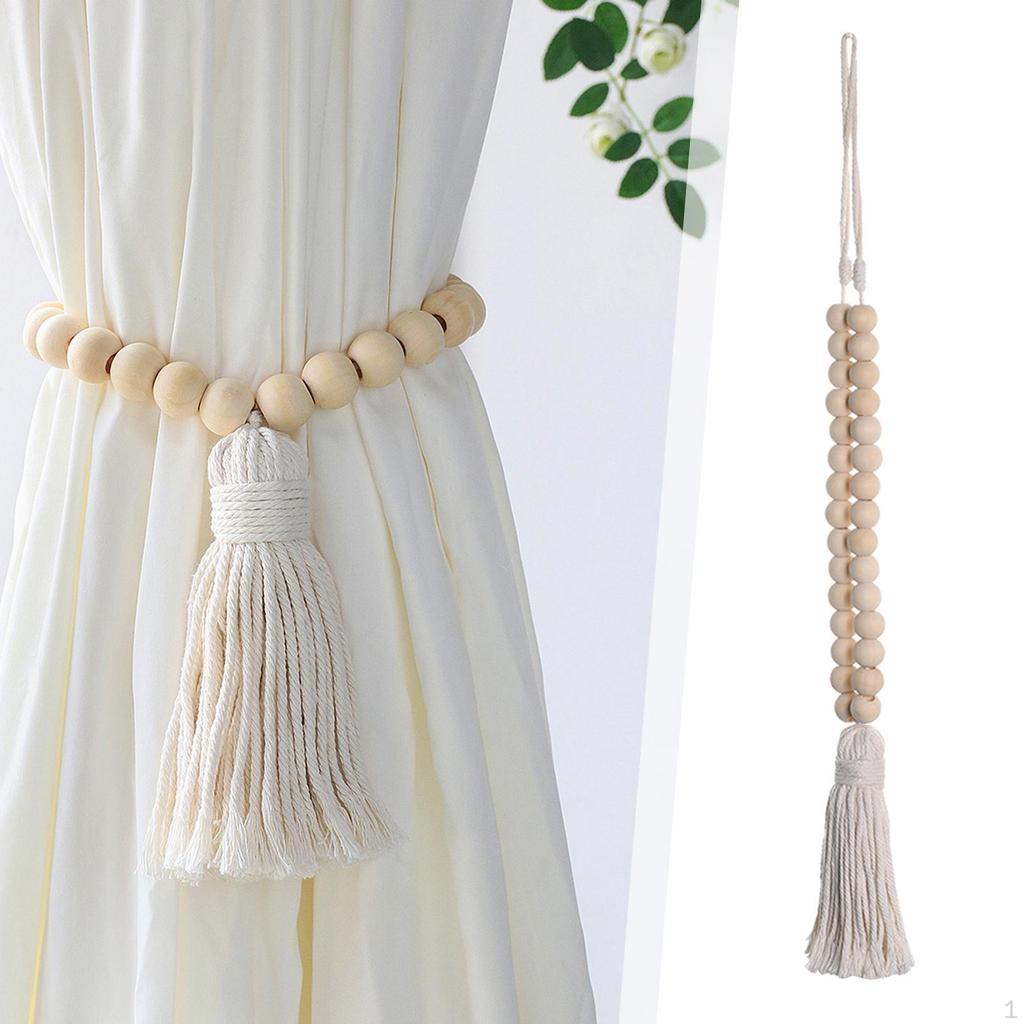 Natural Wood Bead Curtain Tiebacks Farmhouse Decorative Window Treatment Beaded Drapes Holder