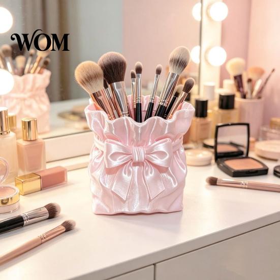 Concealer Brush Container Satin Bow Bag Makeup Holder, 3D Printed Beauty Tool Organizer Large Capacity for Desk, Bowknot Pouch Pencil Holder