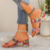 Women's Rhinestone Thick Heel Floral One-character Cool Slippers Fashion Outerwear Color Block Medium Heel Large Size Women's Shoes