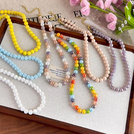 Colorful Beaded Choker Pearlescent Round Bead Necklace Boho Beaded Necklace Jewelry for Women Holiday Summer Beach Vacation