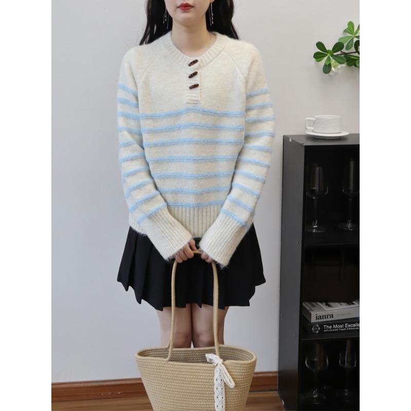Corner buckle contrasting striped knitted sweater top autumn and winter new loose design sweater pullover woman