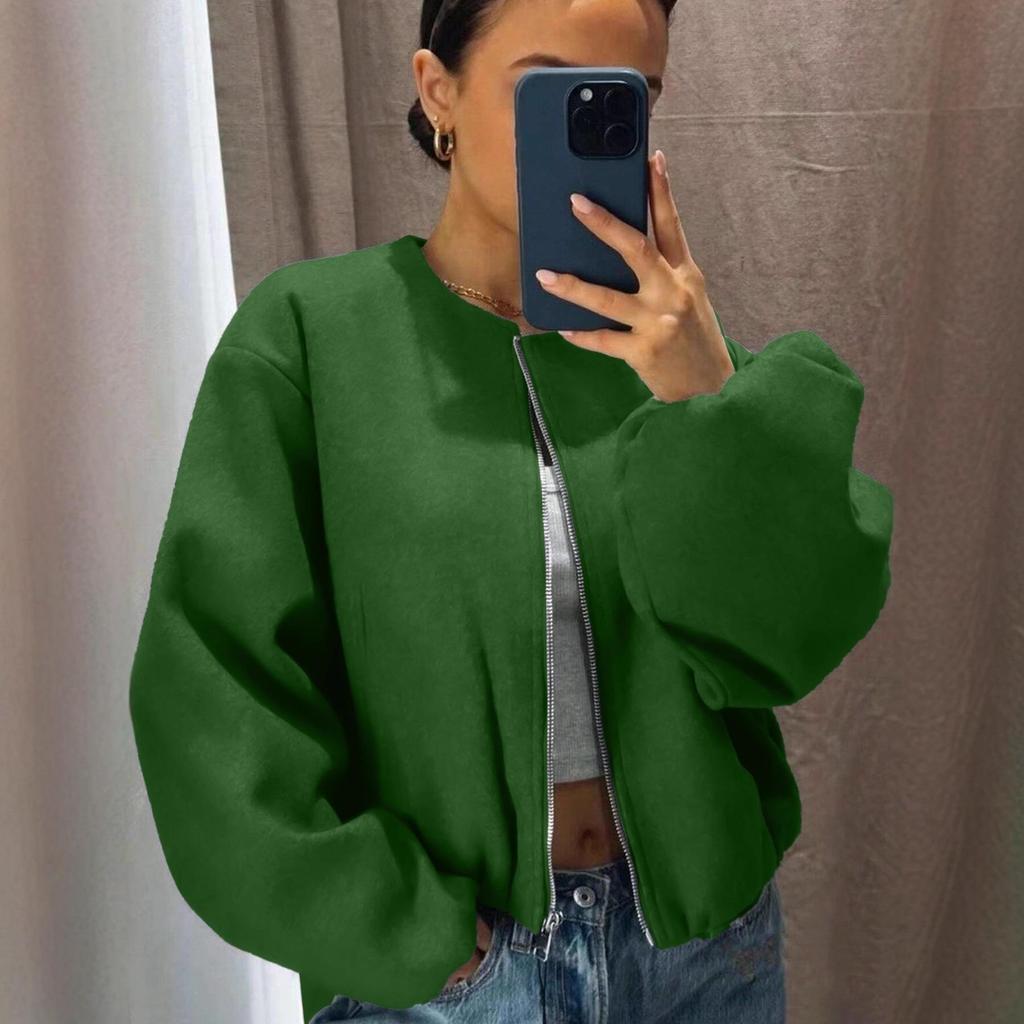 Women's Autumn/Winter Bomber Jacket - Round Neck, Drop Shoulder, Lantern Sleeve, Street Style Zip Cardigan