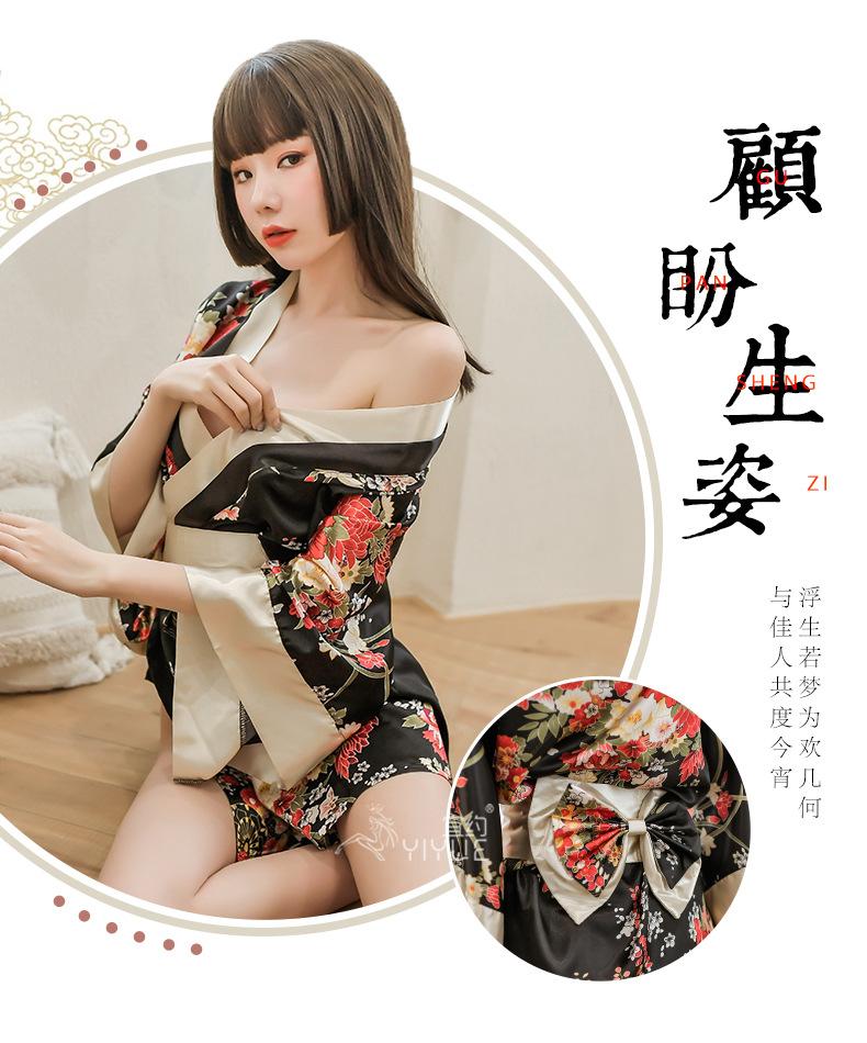 Sexy underwear plus size printed Japanese kimono sexy lace-up bathrobe seduction pajamas uniform set 8091