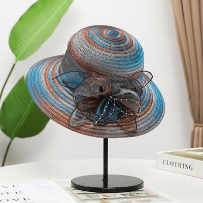 Hat Female Summer Middle-aged and Old Eaves Organza Flower Cool Hat Foldable Sunshade Sunscreen Mother Sun Basin Hat