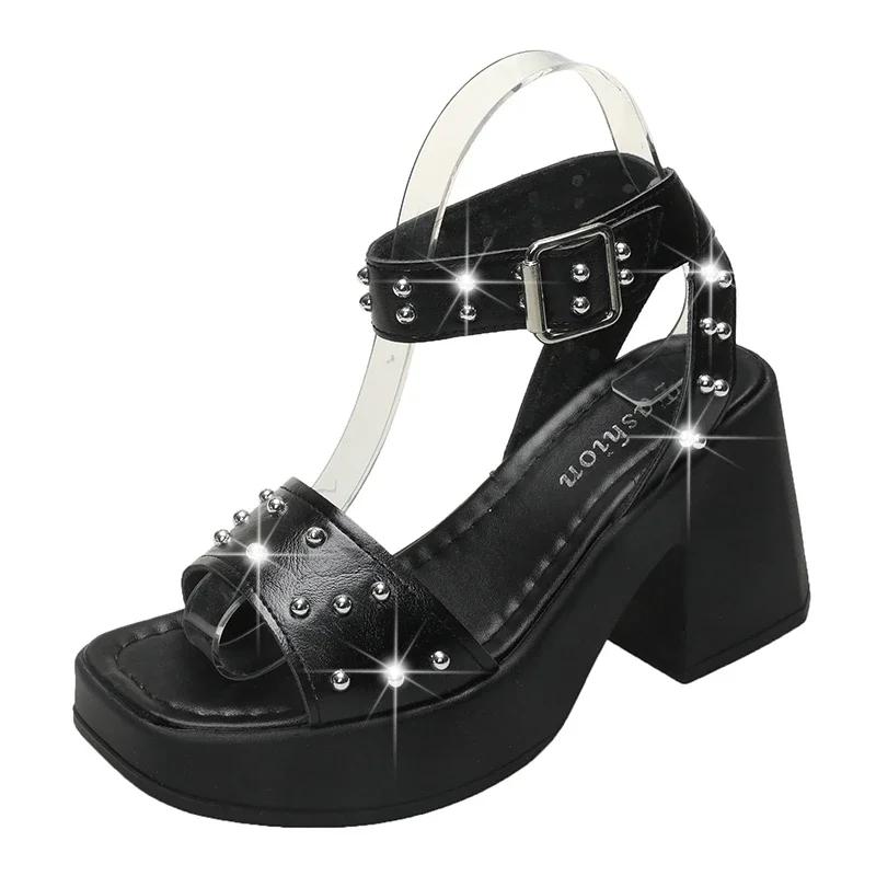 Fashion Shoes for Women New Brand Ankle-wrap Women's Sandals Platform Dress Heeled Sandal Rivet High Chunky Heel Buckle Strap High Heels