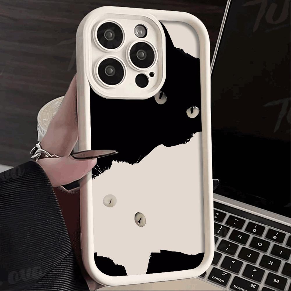 Cute black And White Cat Silicone Phone Case For iphone 16 15 14 13 12 11 Pro Max Shockproof Soft Shell Cover