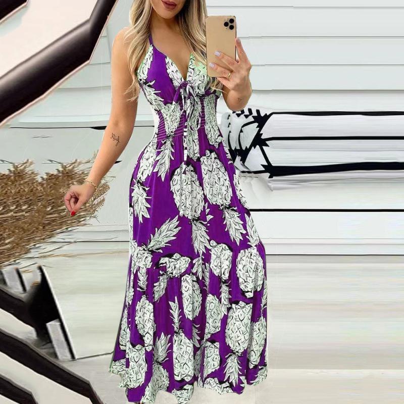 2025 Summer European & American Women's Printed Halter Strap High Waist Deep V Dress