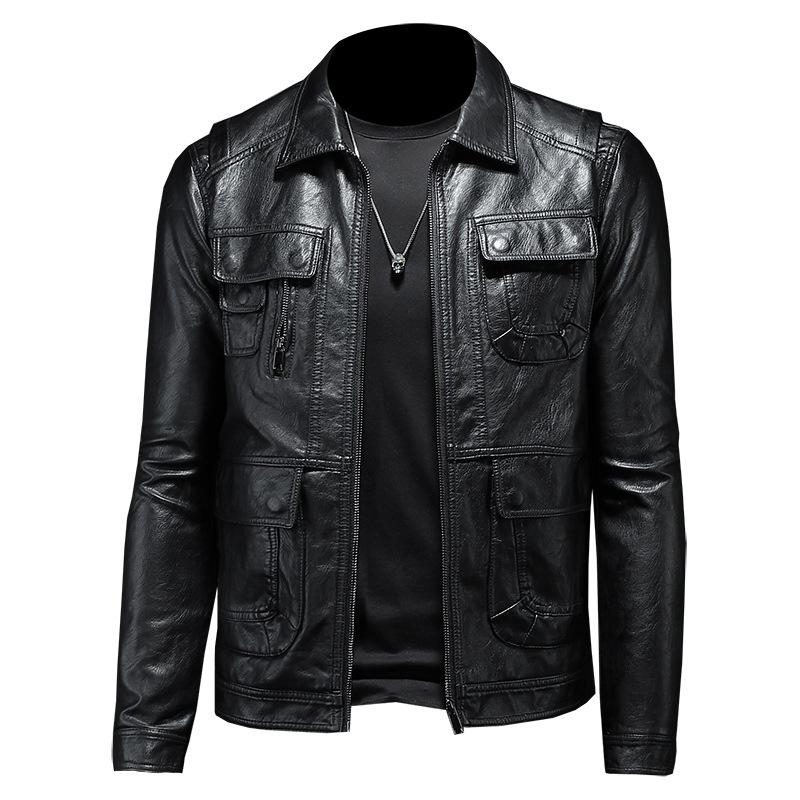 Spring and Autumn Leather Jackets for Men, Korean Style, Trendy and Cool Autumn Short Motorcycle Jacket, Black Leather Jacket 7285