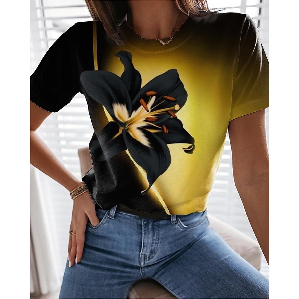 

Colorful Floral 3D Digital Printed Women s Fashionable Casual Round Neck Short Sleeved T-shirt XS