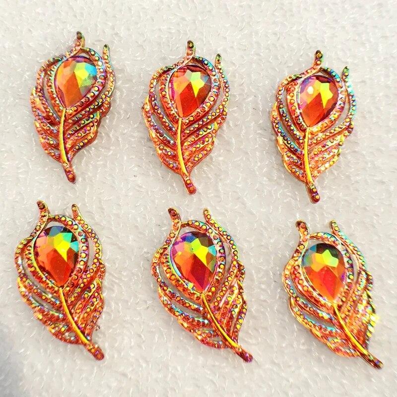 Helt ny 10 st snygga kristall rhindiamonds platt baksida blad scrapbook 20*38mm handsydda fjäder ädelstenar