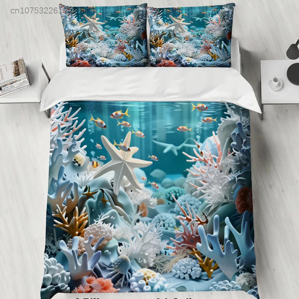 Ocean Coral Reef Bedding Set Blue Sea Life Print Bedding With Duvet Cover & Pillowcases For Bedroom