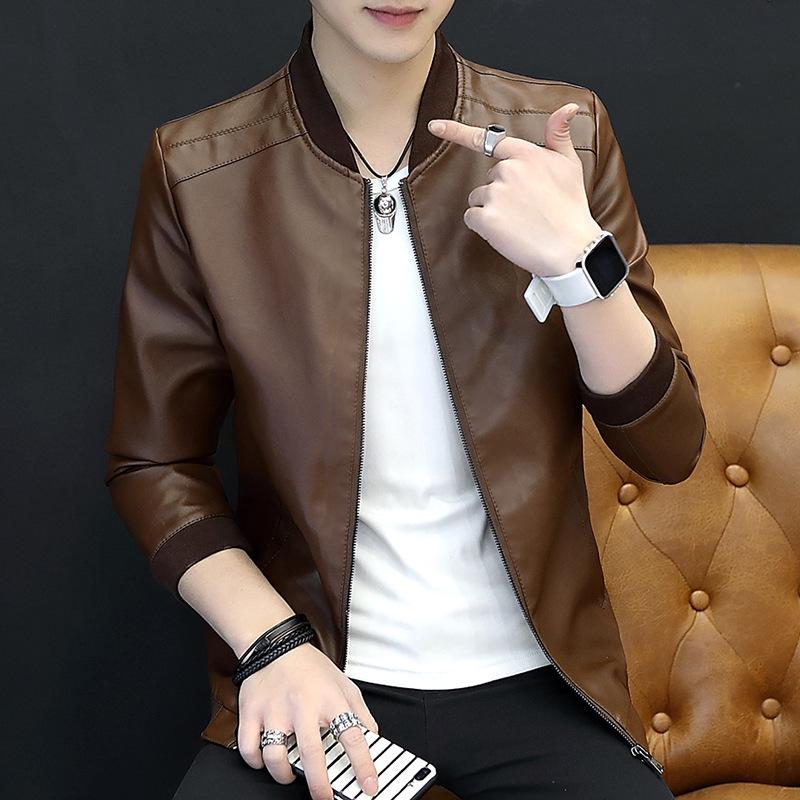

2023 Men s Slim Fit PU Leather Motorcycle Jacket – Korean Style for Spring and Autumn 4XL кавовий