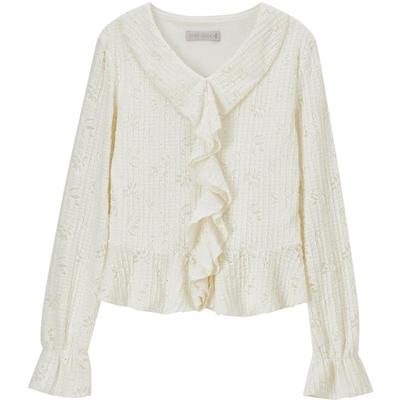 Shangdubila Brushed Lightweight Warm Lace V-Neck Long-Sleeve Blouse