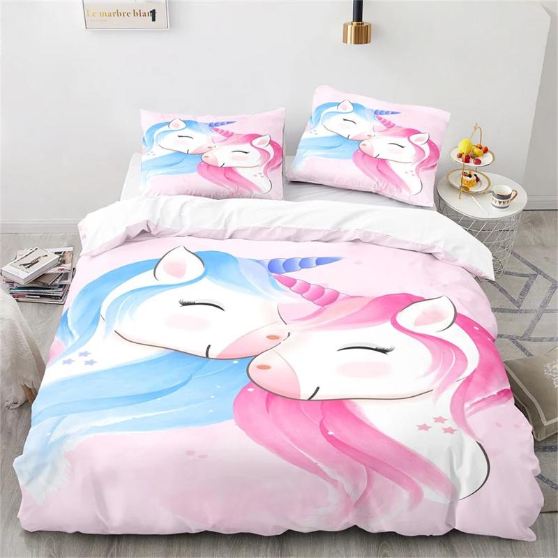 Unicorn Duvet Cover Pink Cartoon Unicorn Animals Romantic Theme Polyester ValentineS Day Gift For Children Girls Boy Room Decor