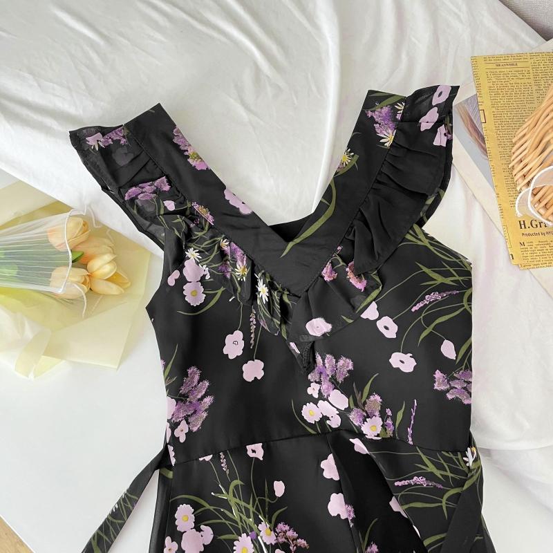 Francouzské Sexy Květinové Šaty na Ramínka Bez Rukávů Elegantní Stahující Pas Léto 2025 Přiléhavé Šaty Vintage Móda Černé Šaty