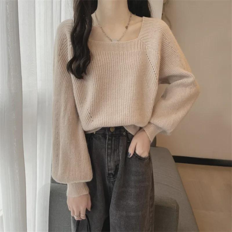 Women's Thickened Lantern Sleeve Sweater - Autumn/Winter Square Collar Trendy Design