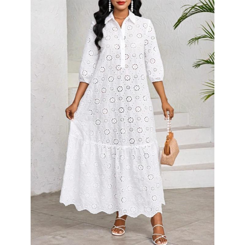 Einfarbiges Sieben-Viertel-Ärmel Lockeres Hemdkragen Hohlspitze Temperament Kleid