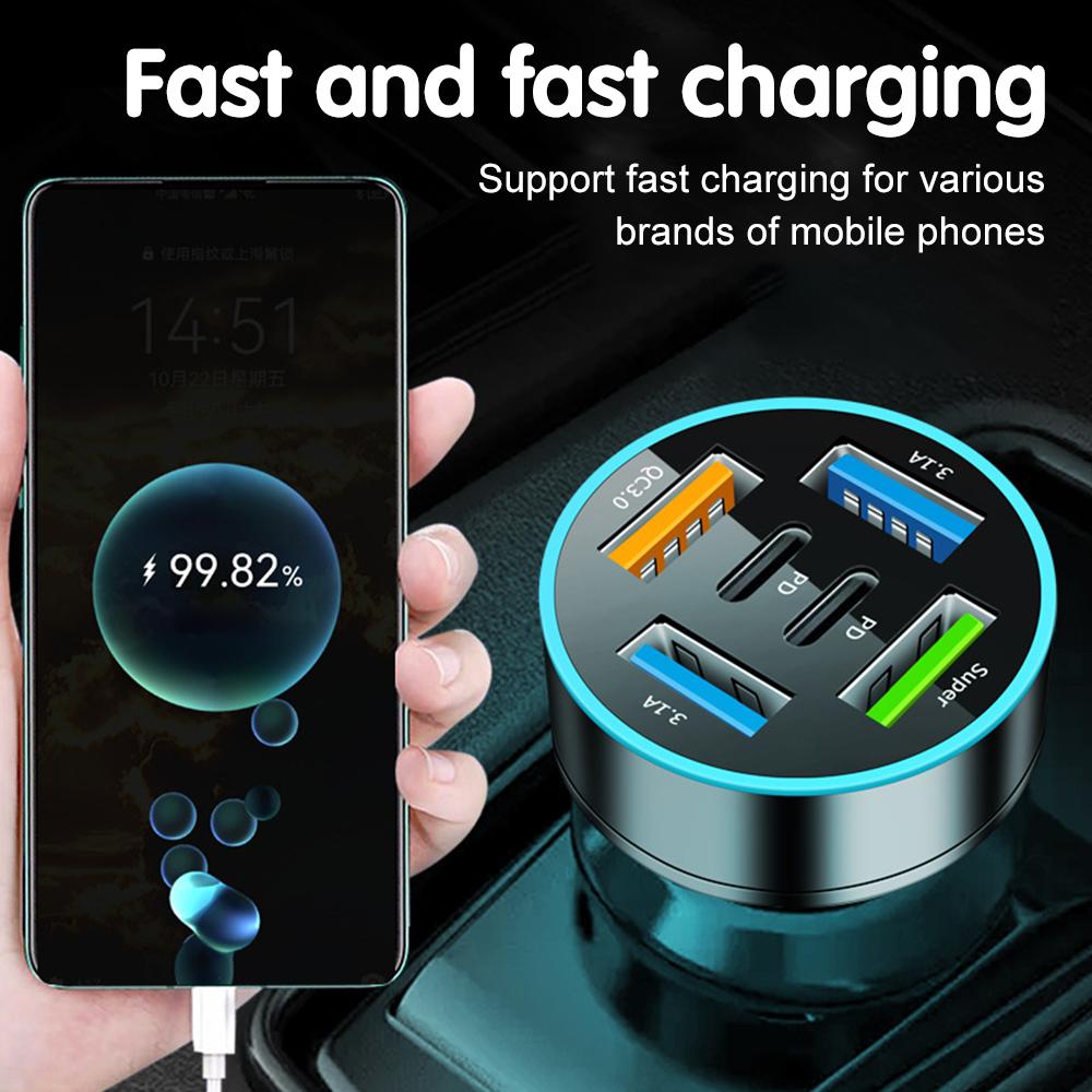 250W 5 Ports Car Charger Fast Charging PD QC3.0 USB C Car Phone Charger Adapter With Voltage For iPhone Samsung Huawei Xiaomi