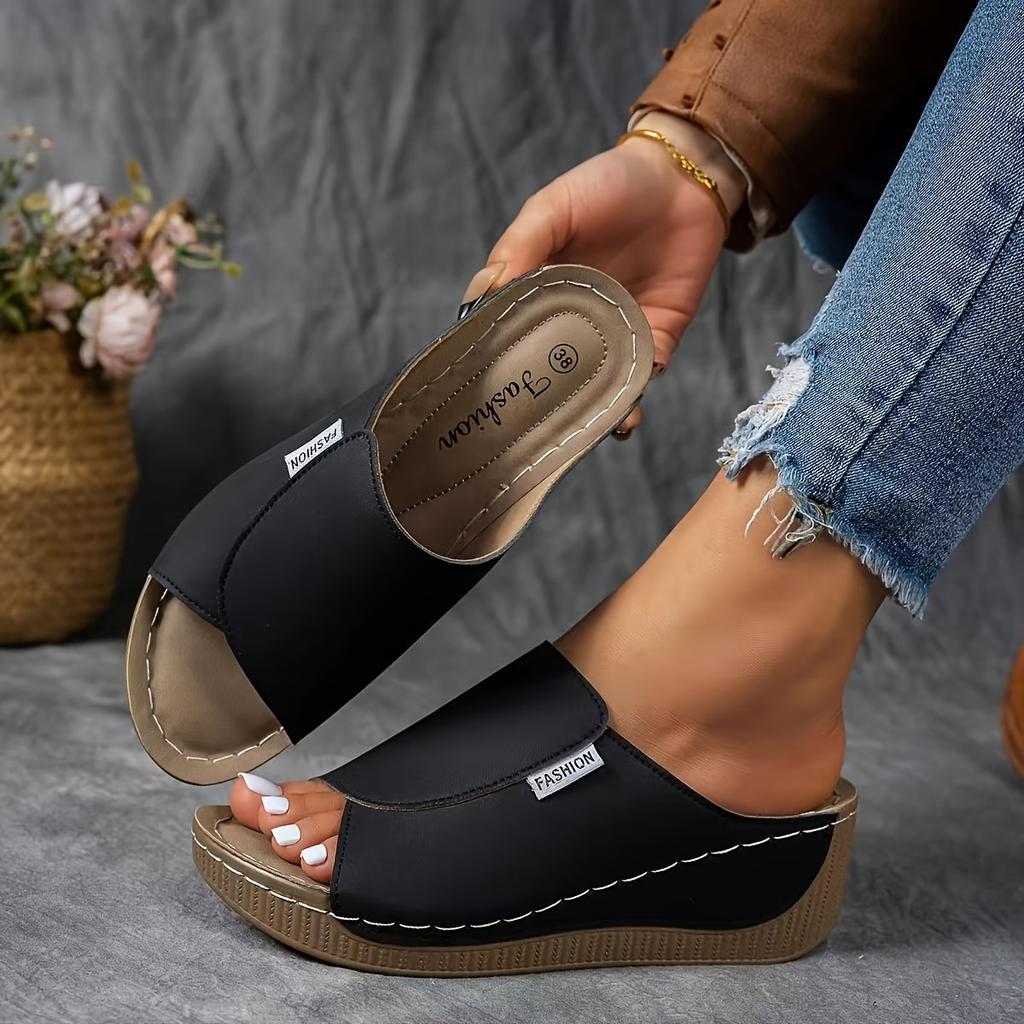 Eleganckie Damskie Sandały z Podparciem Łuku Stopy - Damskie Sandały w Jednolitym Kolorze - Oddychające, Miękka Podeszwa, Letnie Modne Sandały na Obcasie